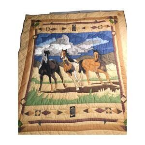 PATCH MAGIC 3 Horses Western Cotton Quilt Throw Wall Hanging 60x53